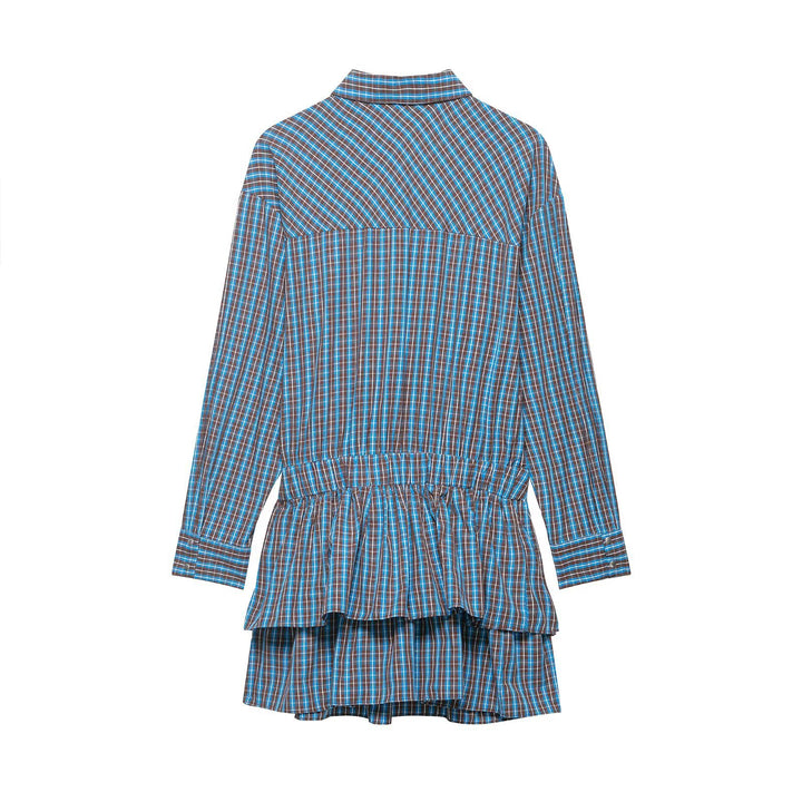 Women's Tailored Shirt Dress in Checkered Pattern with Tying Belt and Tiered Skirt Mune Fashion