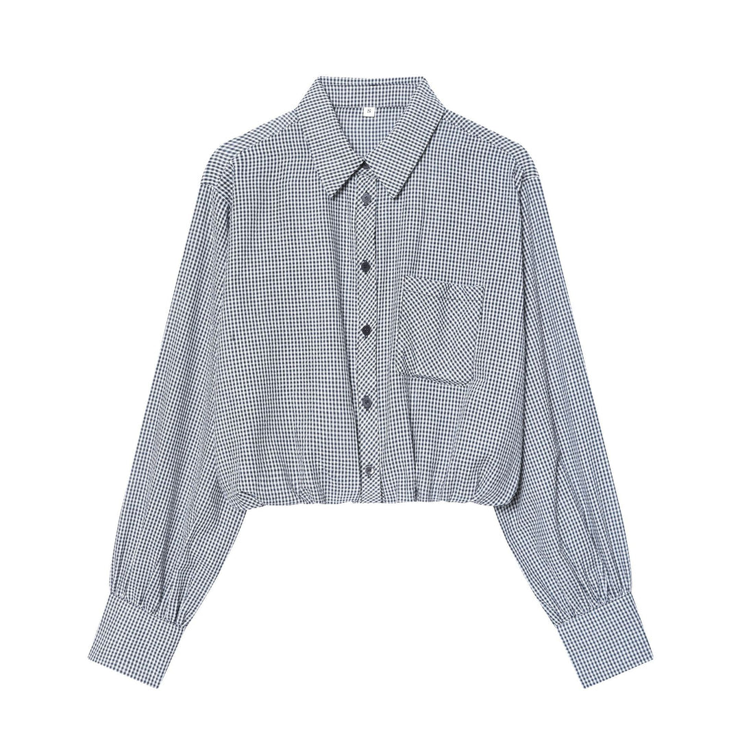 Women nan cropped check shirt with balloon sleeves, chest pocket and elastic hem Mune Fashion