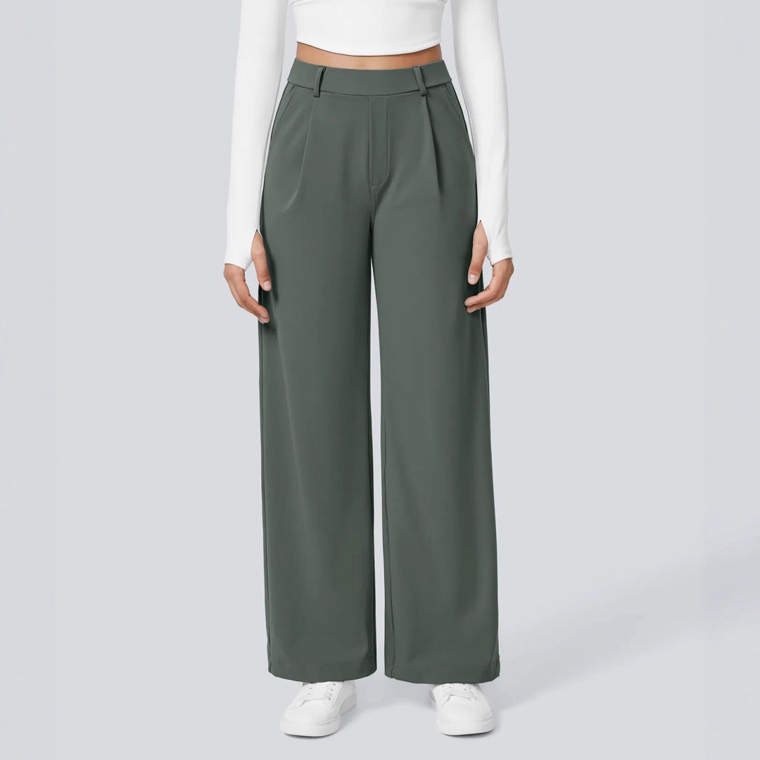 Ladies high-waisted pleated trousers with wide leg, belt loops and side pockets Mune Fashion