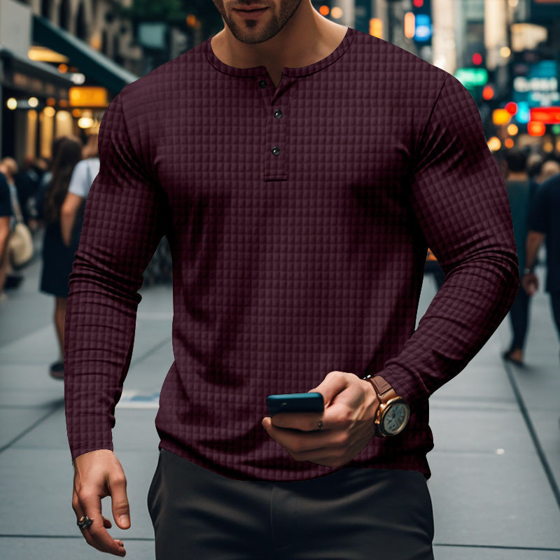 Men's fitted long-sleeve shirt with round neck button placket and waffle structure Mune Fashion
