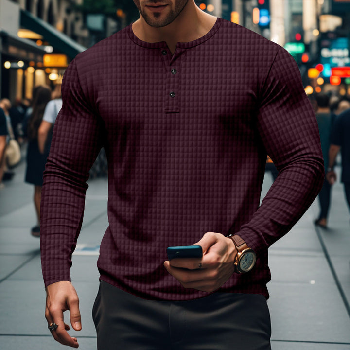 Men's fitted long-sleeve shirt with round neck button placket and waffle structure Mune Fashion