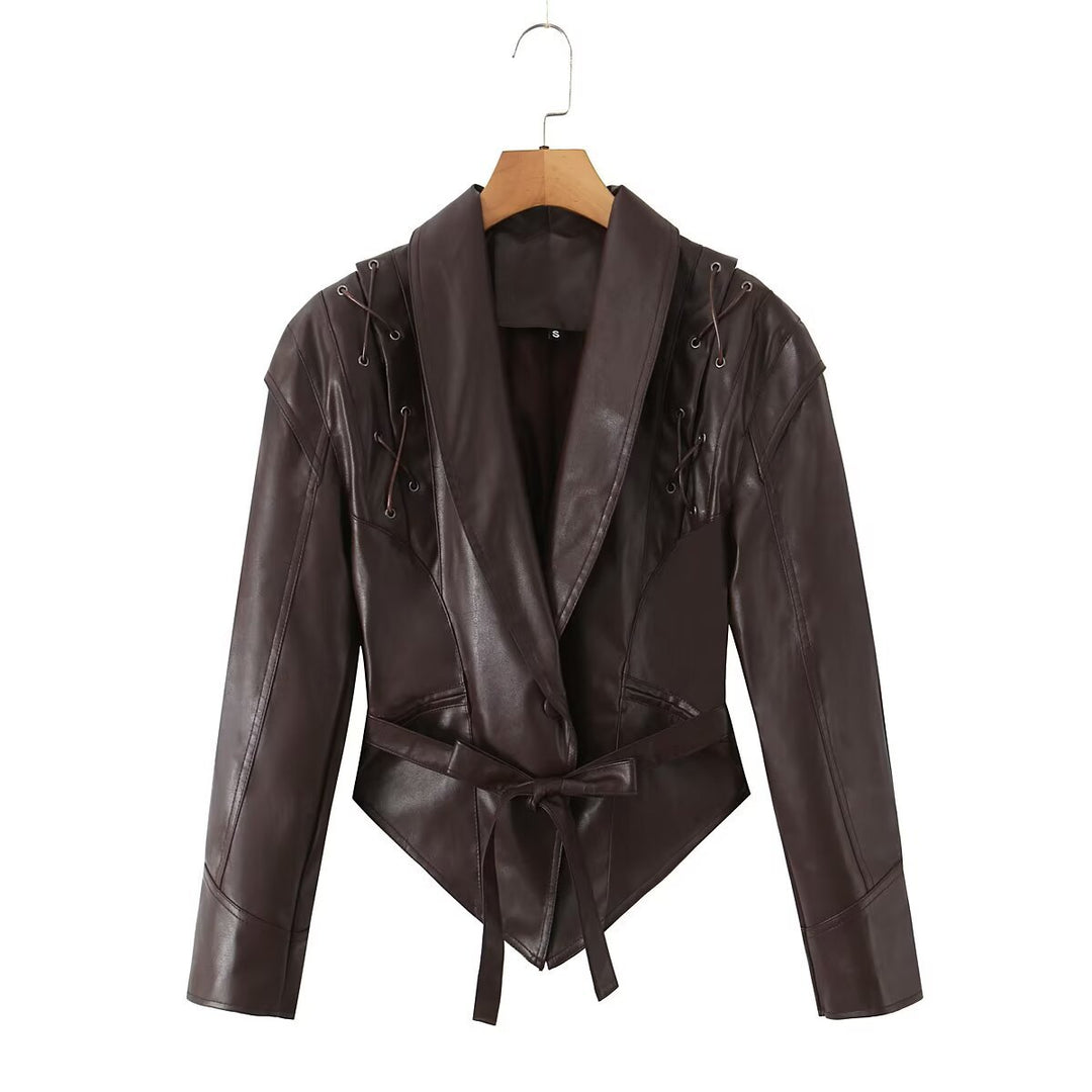 Women's tailored faux leather blazer with lacing details at the shoulders and tie belt Mune Fashion