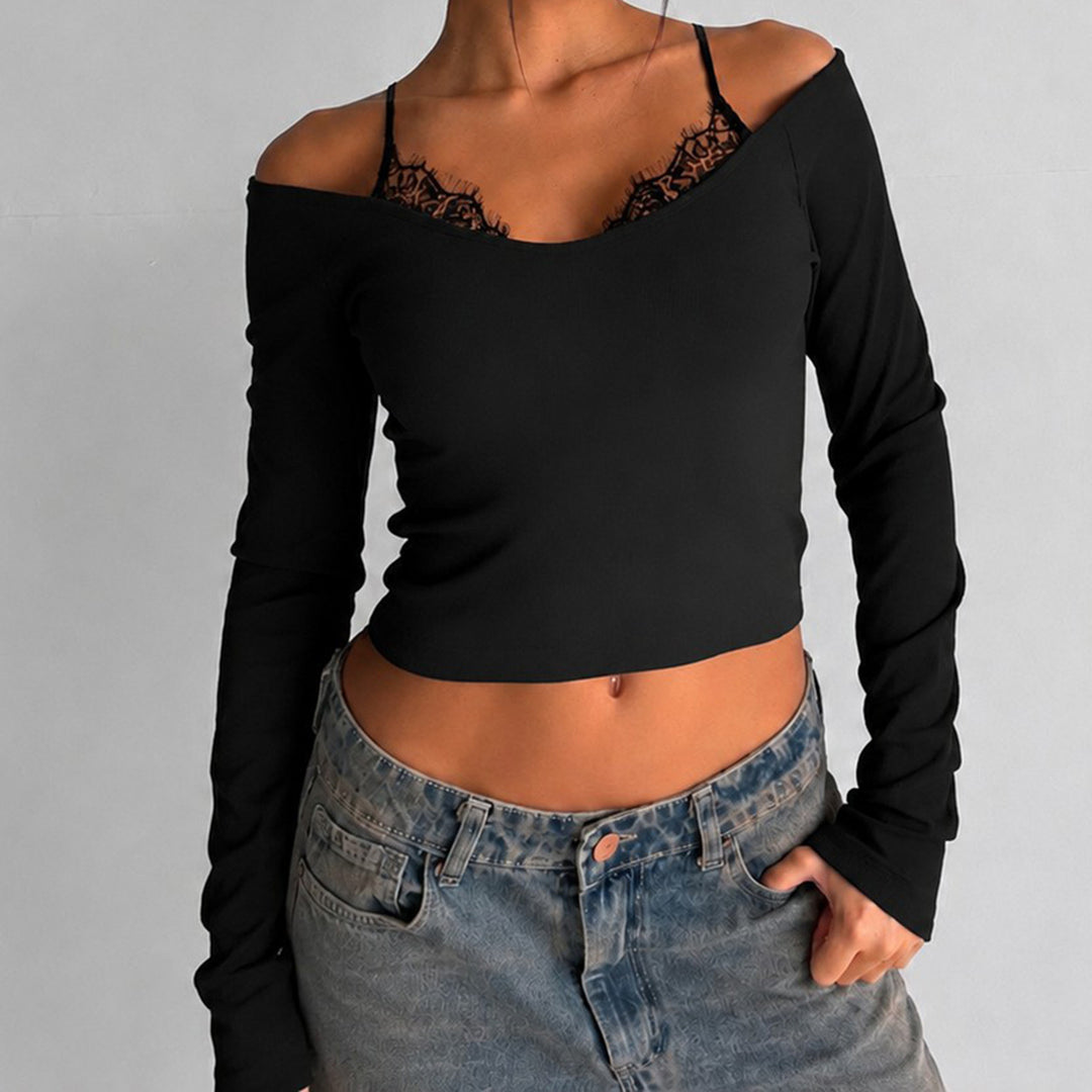 Women Off-Shoulder Long Sleeve Cami with Delicate Lace Lining and Adjustable Spaghetti Straps Mune Fashion