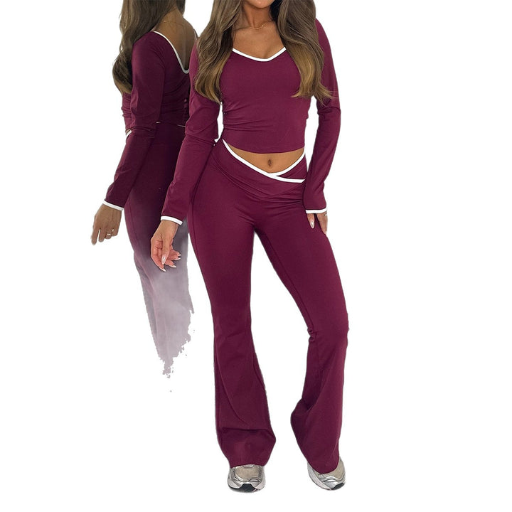 Women's form-fitting long sleeve crop top and flared high waist pants set Mune Fashion