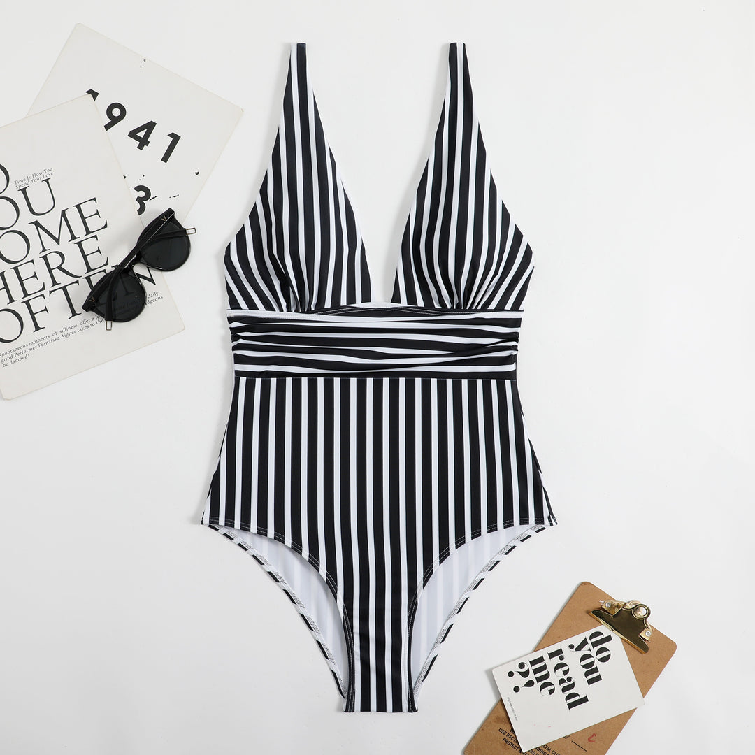 Women's One-Piece Swimsuit with Deep V-Neck and High-Cut Design Mune Fashion