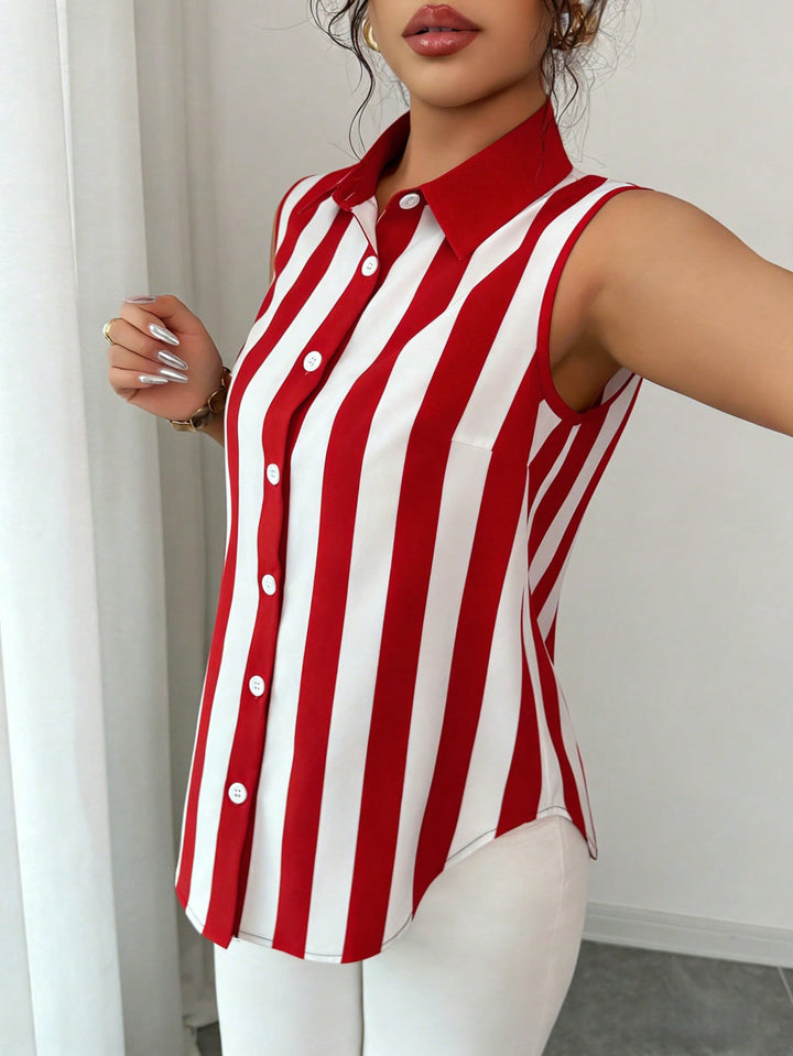 Women's Sleeveless Shirt Blouse with Kent Collar, A-Line Silhouette and Concealed Button Placket Mune Fashion