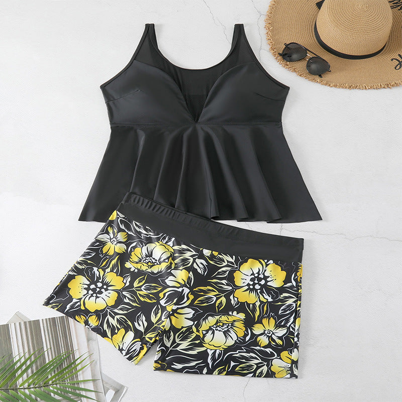 Women's Tankini Set with Floral Ruffle Top and Sporty Bottom Mune Fashion