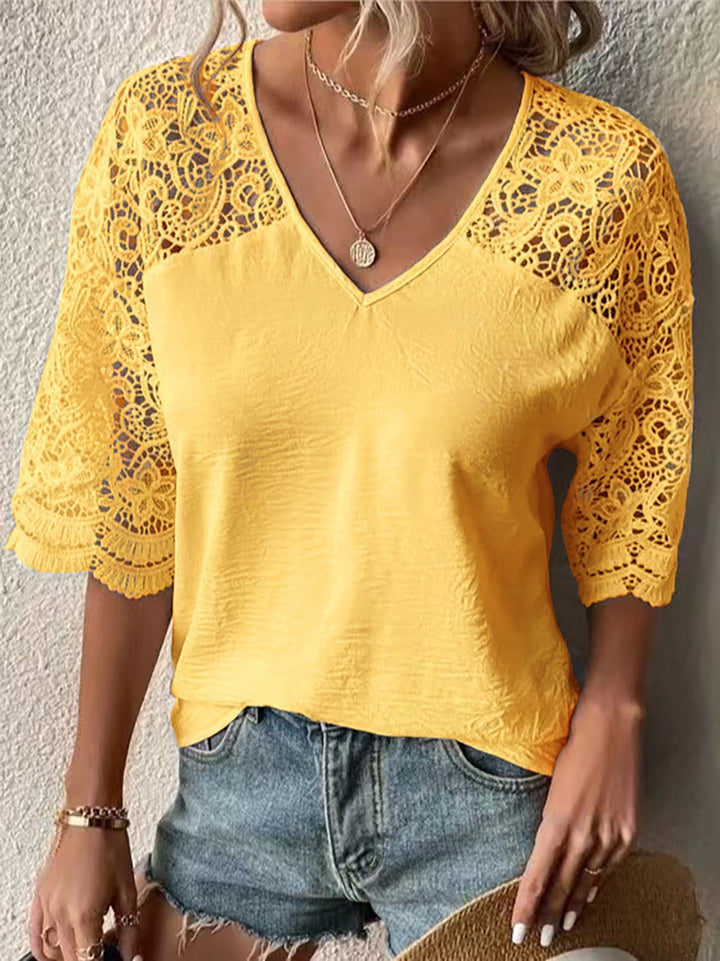 Women's V-neck lace blouse with elbow-length crochet sleeves and lightweight crepe fabric Mune Fashion