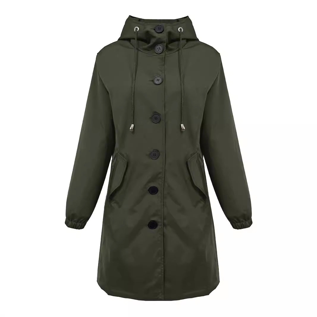 Women nan lightweight rain parka with hood, oversized button placket, drawstring and patch pockets Mune Fashion