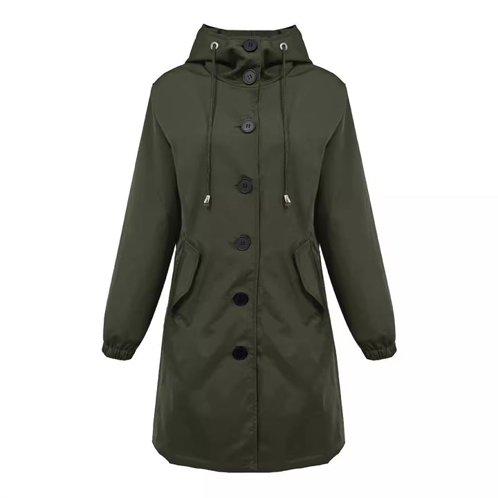 Women nan lightweight rain parka with hood, oversized button placket, drawstring and patch pockets Mune Fashion