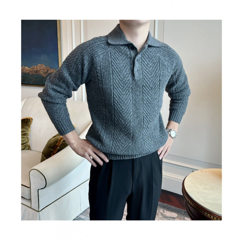 Men's Polo Collar Cable Knit Sweater with Half Button Placket Mune Fashion