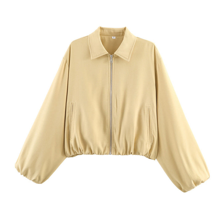 Women Polka Dot Cropped Bomber Jacket in Retro Look with Shirt Collar and Elastic Hem Mune Fashion