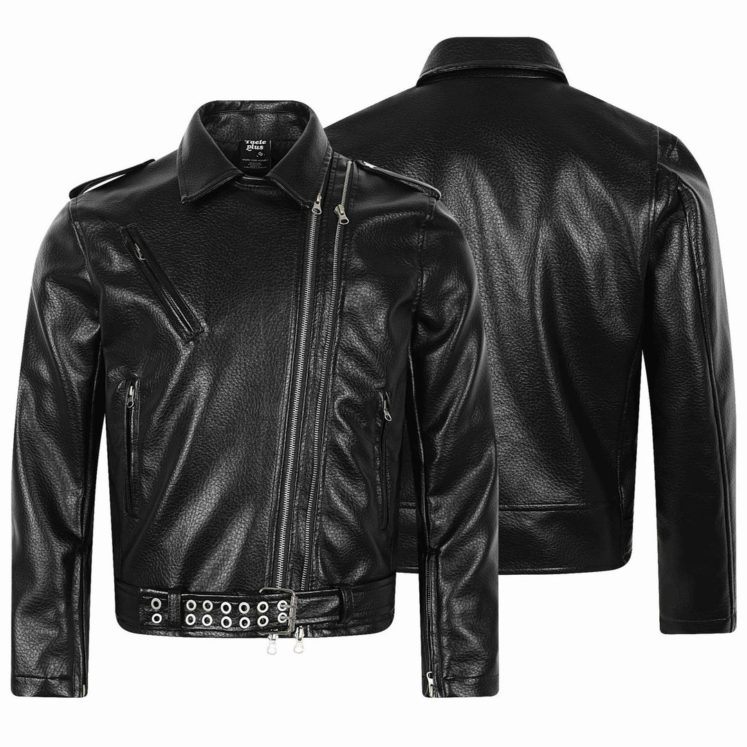 Men's Asymmetrical Biker Jacket Made of Faux Leather with Studded Hem and Multiple Zippers Mune Fashion