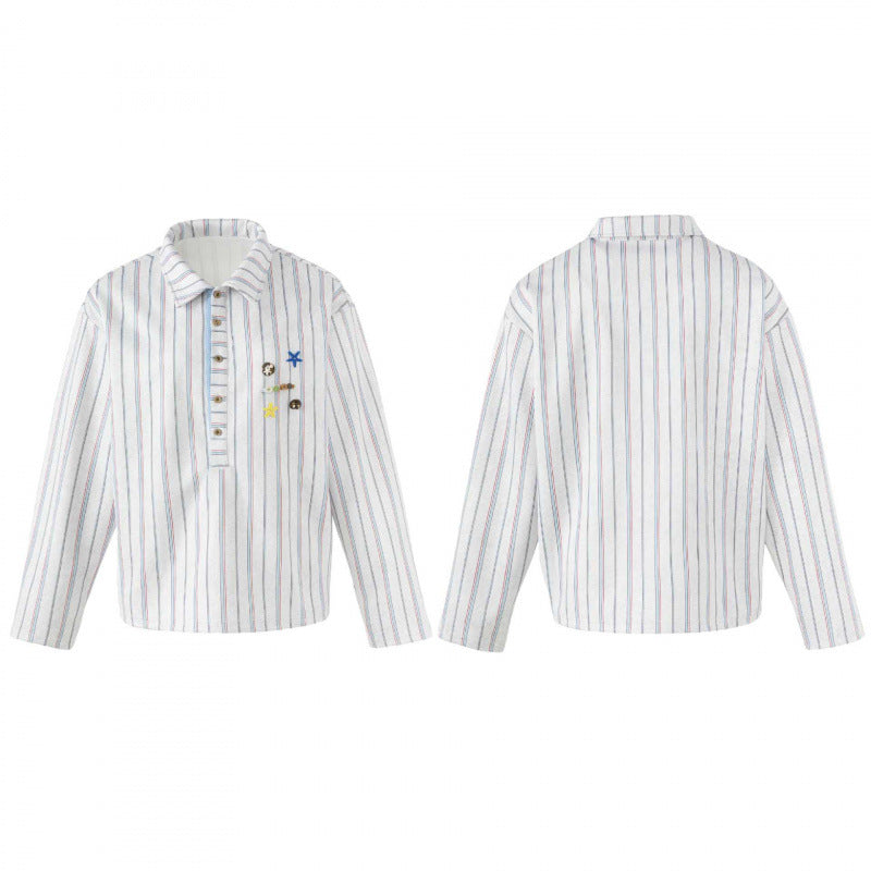 Unisex Striped Overshirt with Henley Button Placket and Decorative Pin Details Mune Fashion