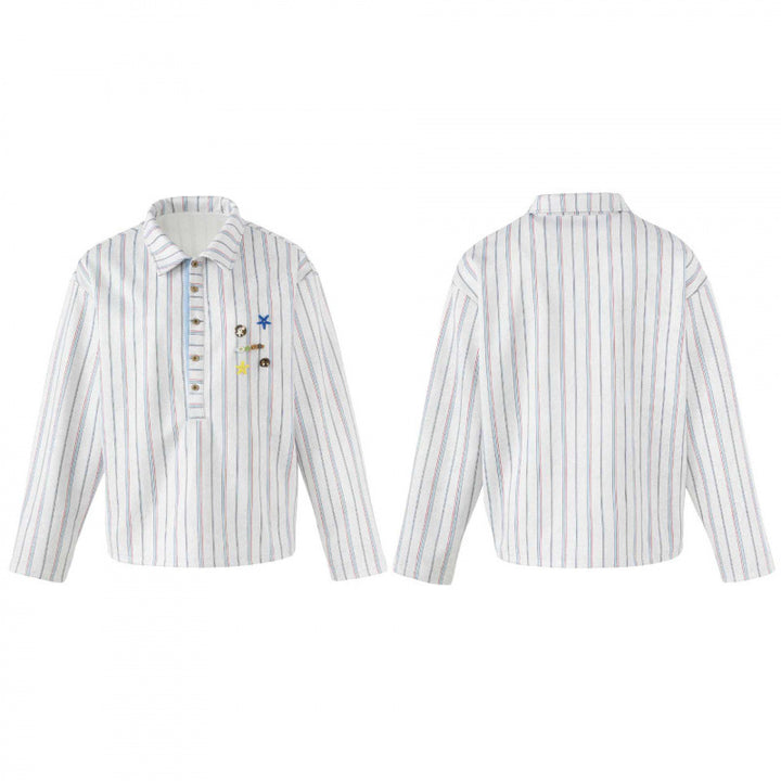 Unisex Striped Overshirt with Henley Button Placket and Decorative Pin Details Mune Fashion