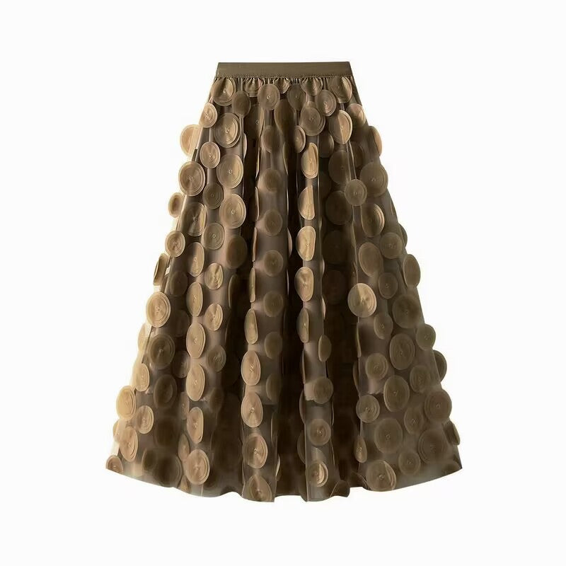 Women's flared midi skirt with transparent 3D appliqués and elastic waistband Mune Fashion
