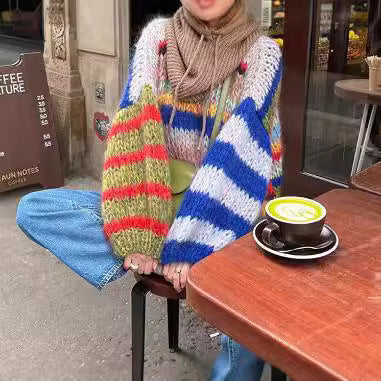 Women's Cozy Knit Sweater with Flared Sleeves and Colorful Stripe Pattern Mune