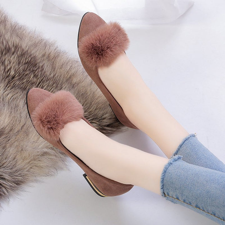 Women's pointed ballerina with faux velvet upper material, faux fur pompon, and metallic heel appliqué Mune Fashion