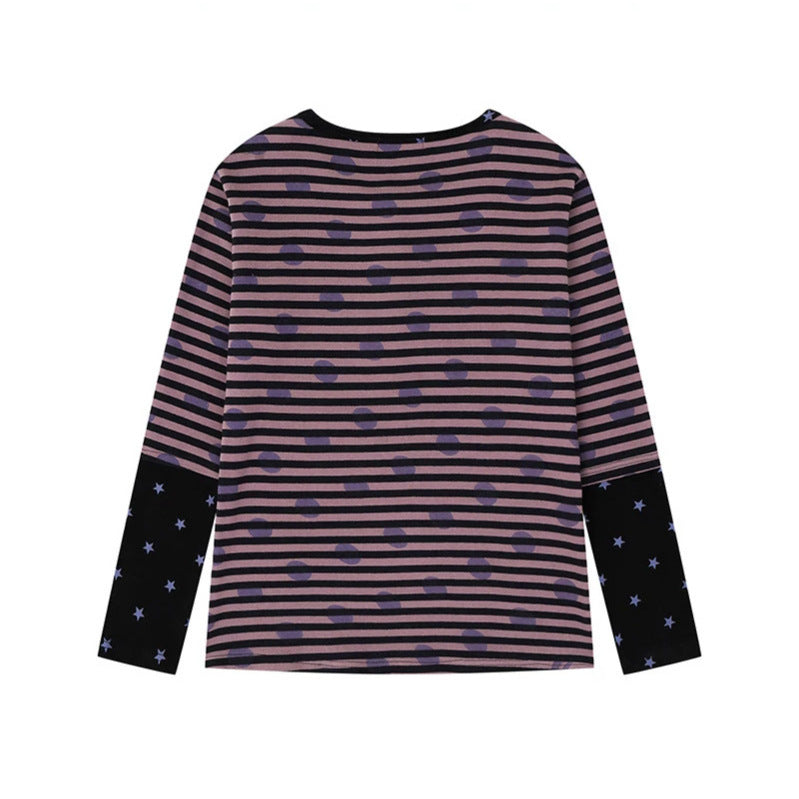 Women Striped Henley Long Sleeve Shirt with Contrast Sleeves, Star Print and Decorative Stone Motifs Mune Fashion