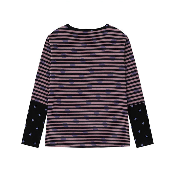 Women Striped Henley Long Sleeve Shirt with Contrast Sleeves, Star Print and Decorative Stone Motifs Mune Fashion