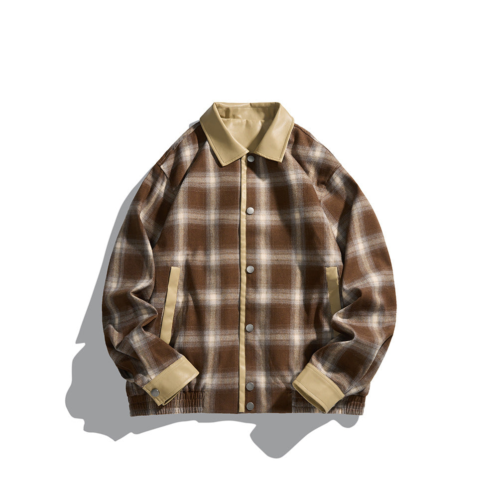 Men's Checkered Overshirt Jacket made of Flannel with Faux Leather Details and Snap Button Placket Mune Fashion