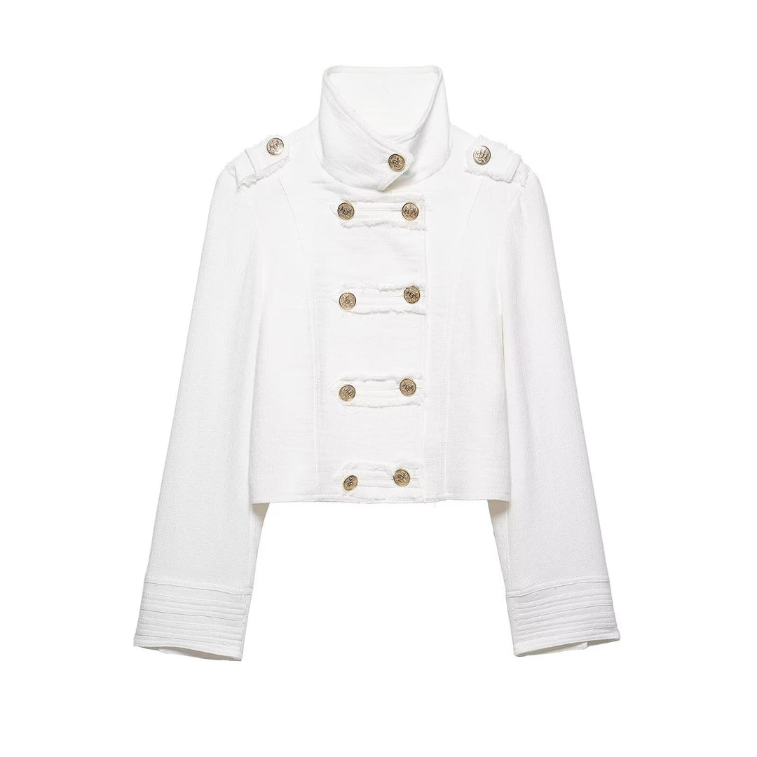 Ladies short jacket in military style made of bouclé with stand-up collar and decorative button placket Mune Fashion
