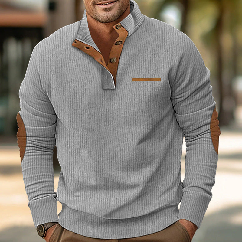 Men's ribbed long sleeve pullover with stand-up collar and faux leather elbow patches Mune Fashion