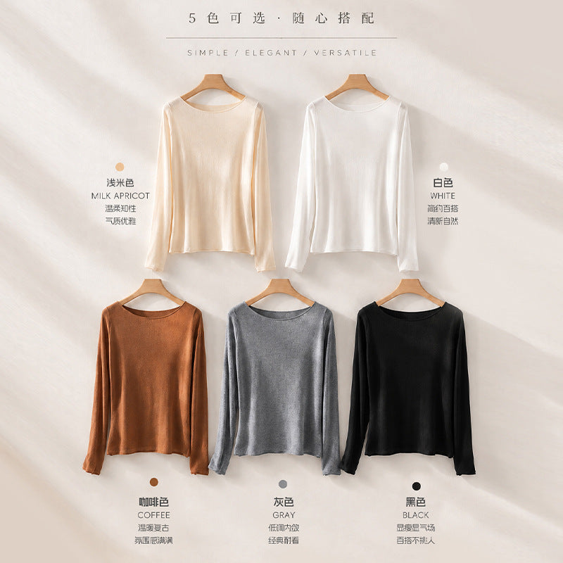 Women's Long Sleeve Fine Knit Shirt with Boat Neck and Light Draping Mune Fashion
