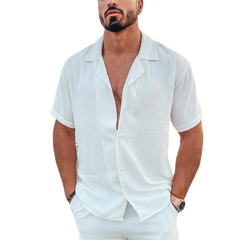 Men's airy beach shirt made of linen blend with lapel collar and open button placket Mune Fashion