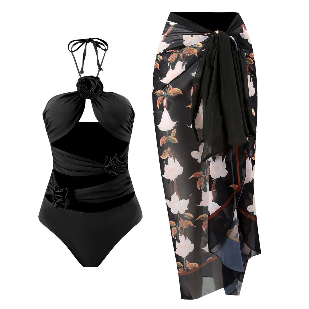 Ladies' one-piece swimsuit with floral details and transparent insert Mune Fashion