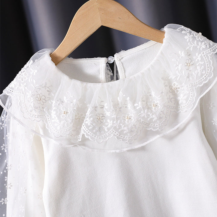 Girls blouse with floral tulle collar and elegant puff sleeves Mune Fashion