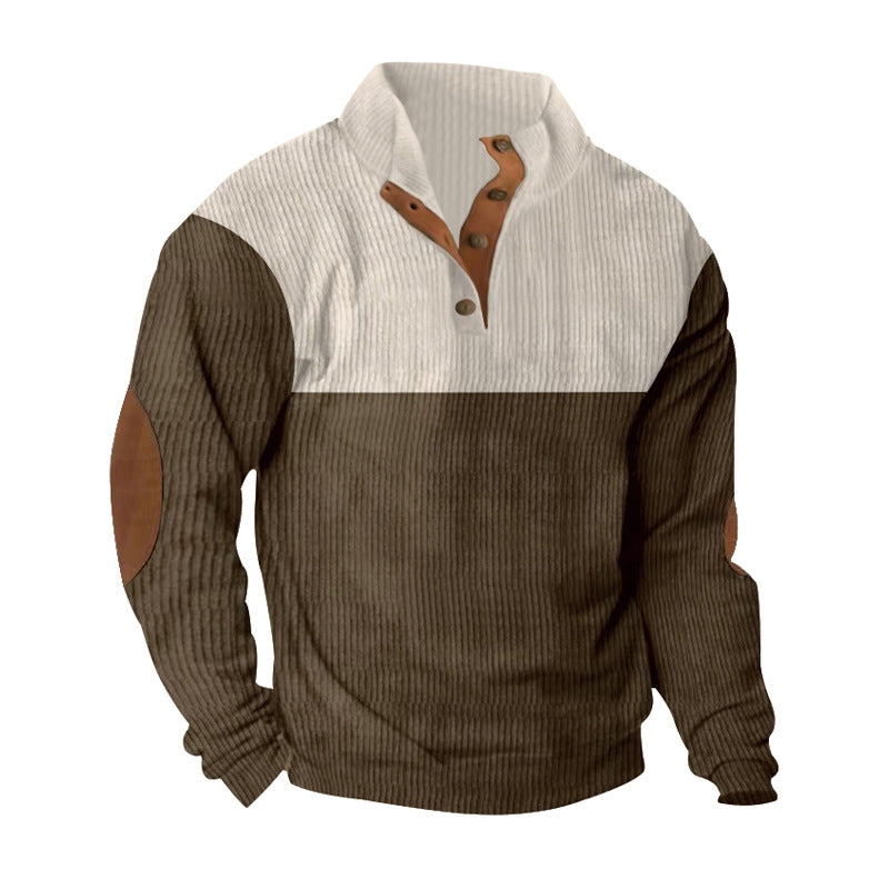Men's ribbed pullover with stand-up collar, button placket, and elbow patches Mune Fashion
