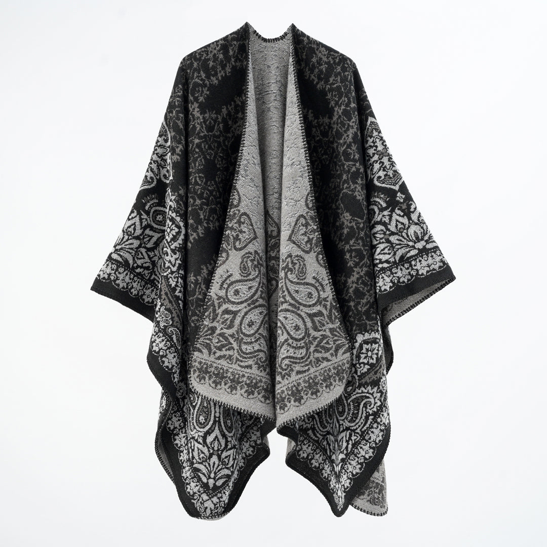 Women's overlay poncho in double-face jacquard with paisley inspiration and decorative stitch edge Mune Fashion