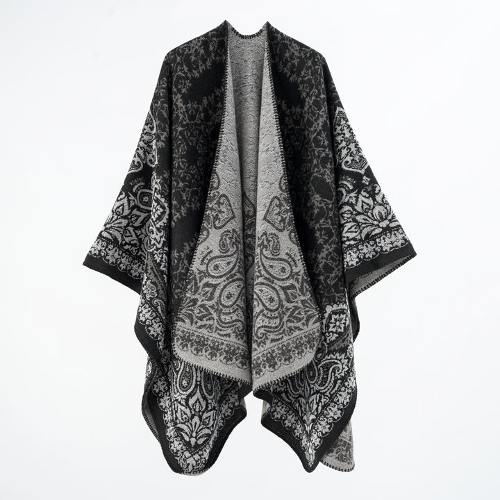 Women's overlay poncho in double-face jacquard with paisley inspiration and decorative stitch edge Mune Fashion
