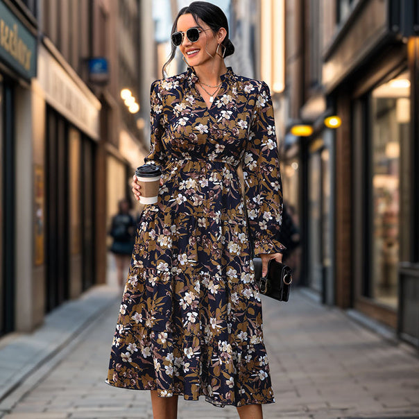 Womens midi dress in vintage floral print with stand-up collar, smocked waist and tiered skirt Mune Fashion