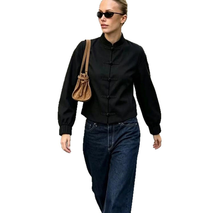 Women's short jacket with stand-up collar, Chinese knot closures, and elastic cuffs Mune Fashion
