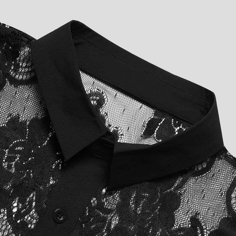 Ladies nan lightweight floral lace blouse with shirt collar and decorative button placket Mune Fashion