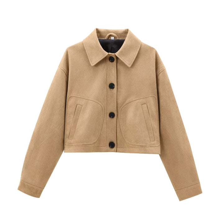 Women Cropped Boxy Transitional Jacket in Velvet Look with Shirt Collar and Patch Pockets Mune Fashion