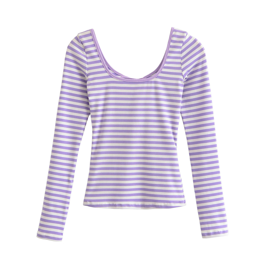 Women's striped long-sleeve shirt with deep round neckline and decorative bow tie
