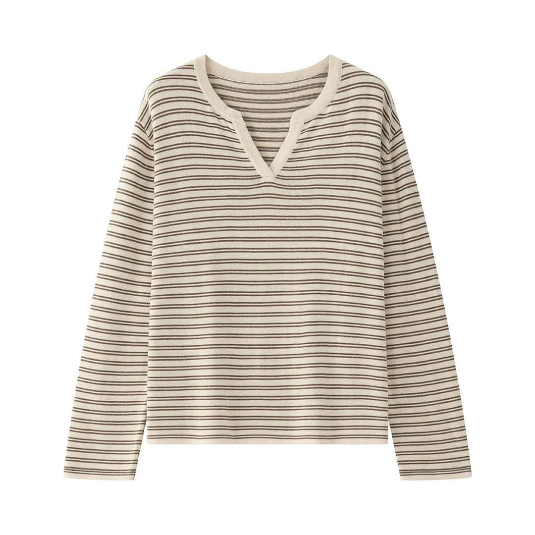 Women Striped Oversize Long Sleeve Shirt with V-Neck and Casual Silhouette Mune Fashion