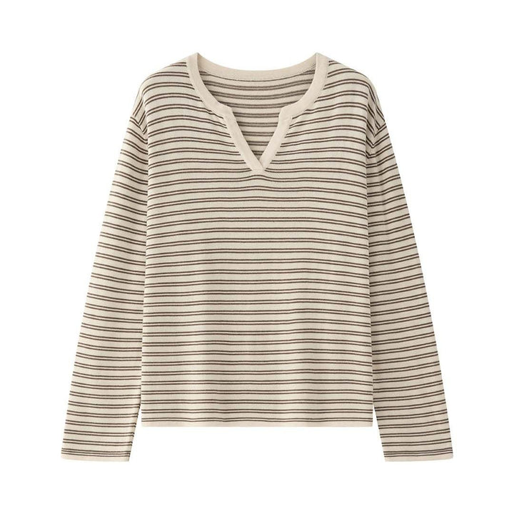 Women Striped Oversize Long Sleeve Shirt with V-Neck and Casual Silhouette Mune Fashion