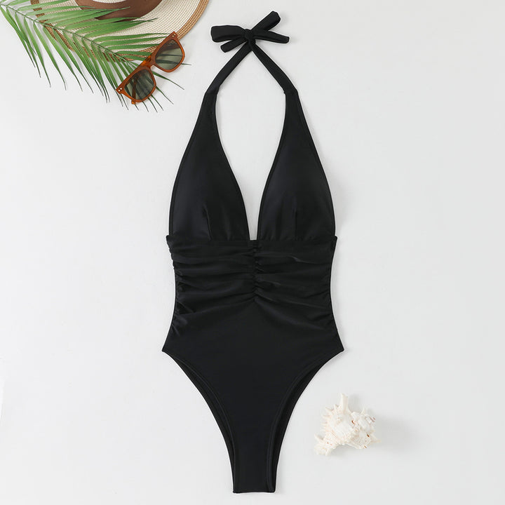 Women's one-piece swimsuit with deep V-neck and stylish gathering Mune Fashion