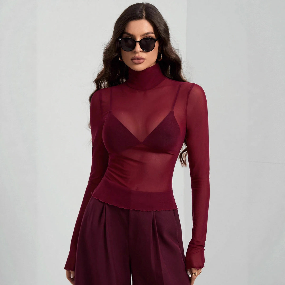 Women's fine transparent mesh long-sleeve top with turtleneck and fitted shape Mune Fashion