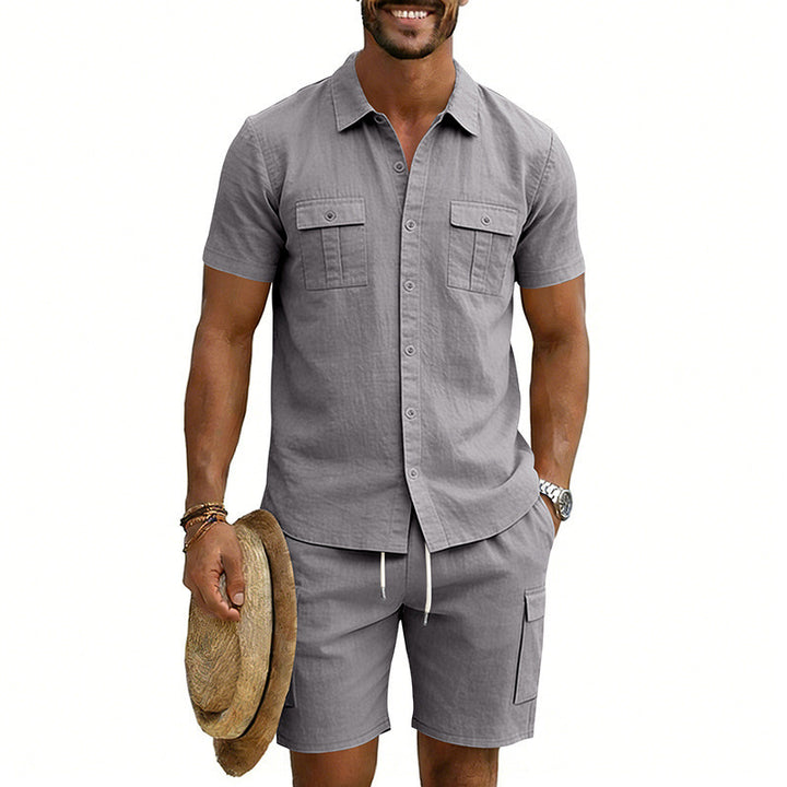Men's summer leisure set made of cotton-linen blend with short-sleeve shirt and cargo shorts Mune Fashion