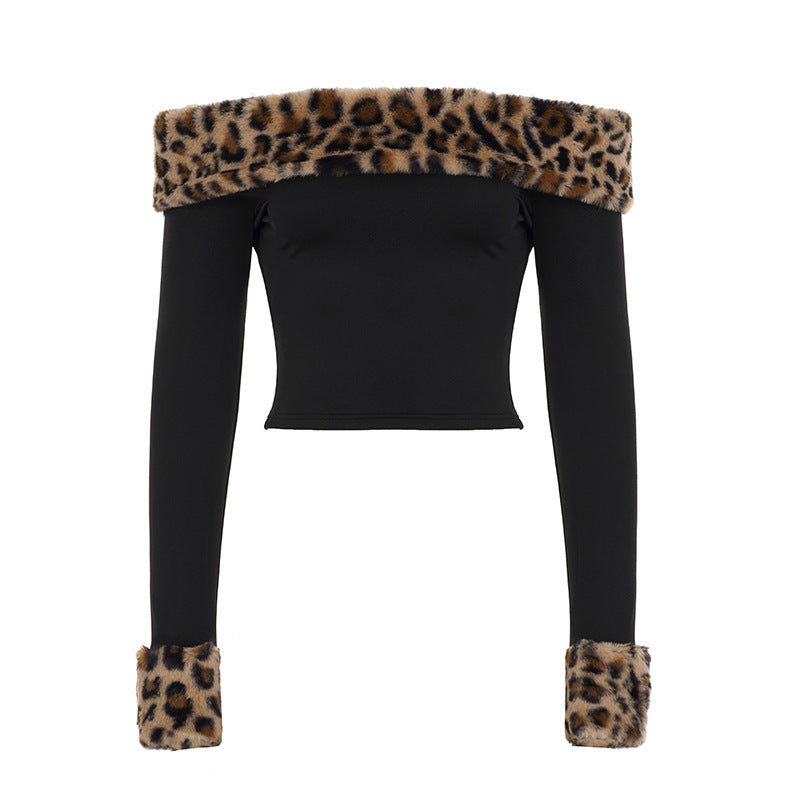 Women’s off-shoulder crop top with faux fur collar and cuffs in leopard print Mune Fashion