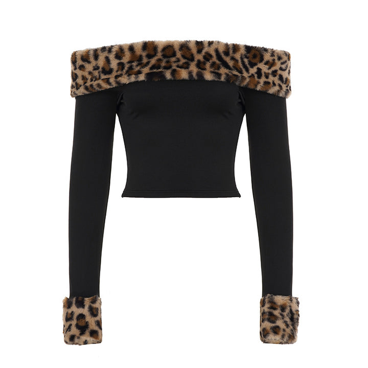 Women’s off-shoulder crop top with faux fur collar and cuffs in leopard print Mune Fashion