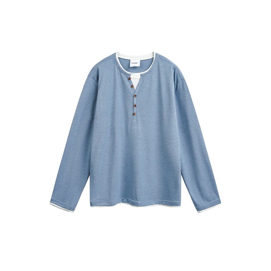 Unisex cotton blend henley shirt with double-layer collar and wooden button placket Mune Fashion