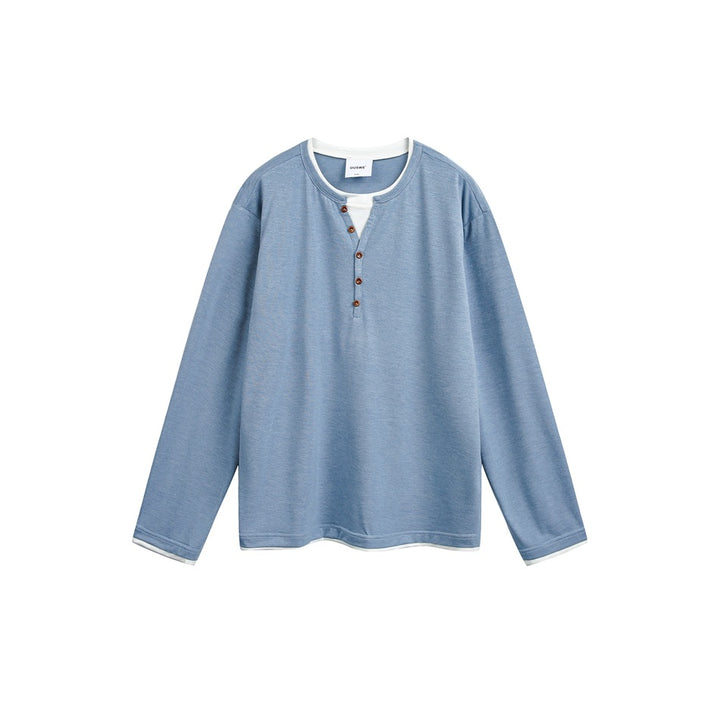 Unisex cotton blend henley shirt with double-layer collar and wooden button placket Mune Fashion