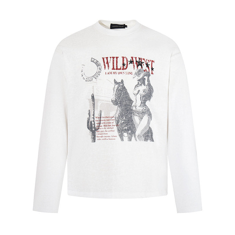 Women's Long Sleeve Shirt with Vintage Wild West Print and Round Neck Dress