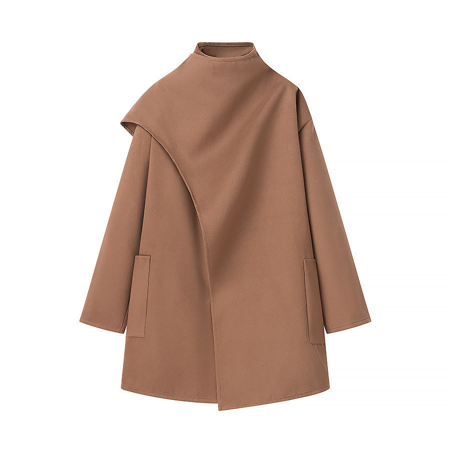 Women Asymmetrical Wool Blend Coat with Cape Overlay and Stand Collar Mune Fashion